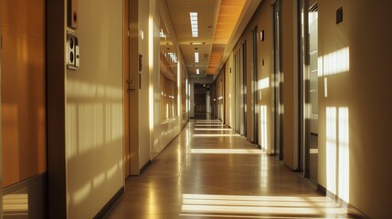 Motion-sensor LED lighting illuminating the corridors of an eco office, reducing energy consumption while ensuring safety.