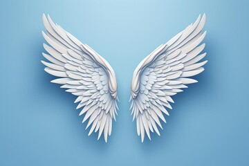 Obraz premium A pair of majestic white angel wings with intricate feather details, set against a serene blue background.