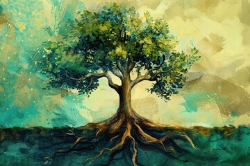 Life Illustration. Tree of Life Painting with Roots Symbolizing Nature and Growth