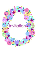 Greeting card with geometric colorful circle and inscription invitation, for holiday, birthday, modern pattern, background, beautiful illustration, frame, postcard, congratulations