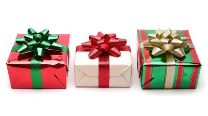 Obraz premium Merry Christmas Presents. Three Festive Gifts Wrapped with Ribbons for Happy Holidays