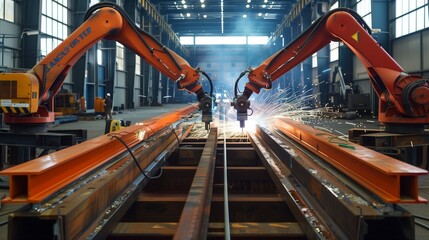 Robotic welding arms fabricating steel beams for construction projects.