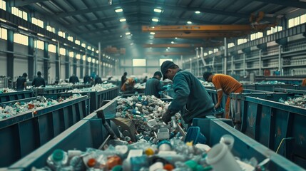 Workers in a plastic recycling facility sorting and processing plastic waste for reuse in manufacturing. - Powered by Adobe