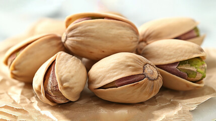   A pile of pistachios on wax paper atop a table