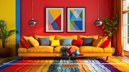 Art Home. Modern colorful living room Interior with sofa and paintings