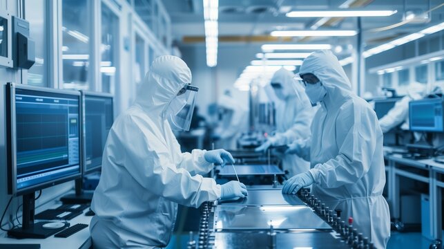 Workers in a semiconductor fabrication cleanroom wearing protective suits while operating precision machinery.