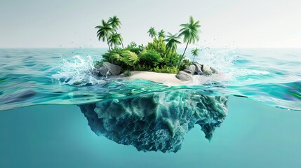 3D illustration of an aquarium or ocean scene with an isolated paradise island, intended for travel and tourism advertisements.