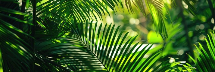 Green Tropical Leaves. Close-Up of Lush Palm Leaves in Sunlight, Nature Banner Concept