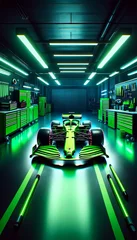  A neon green Formula One car in a modern, high-tech garage. © val