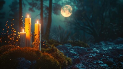 In pagan Wiccan and Slavic traditions for Litha candles and the moon symbolize mystical practices in a dark forest setting This includes witchcraft esoteric rituals and magical ceremonies a