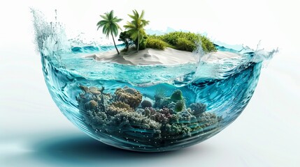 3D illustration of an aquarium or ocean scene with an isolated paradise island, intended for travel and tourism advertisements.