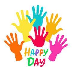 Illustration of colorful hand palms near happy childrens day lettering vector style white background