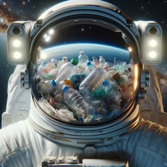 An astronaut is floating in space, surrounded by a huge pile of trash orbiting around him. Dramatic and intense scene that highlights the issue of plastic waste and environmental pollution.