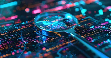 Scanning code for vulnerabilities with digital magnifying glass. Cybersecurity expert