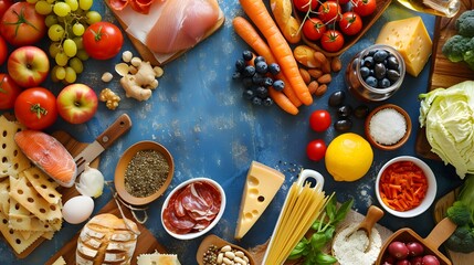 Healthy Variety of Fresh Food Ingredients on Blue Background