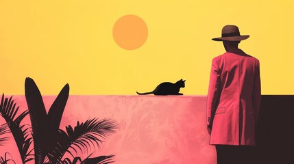 A person in a hat and pink coat stands by a wall with a black cat under a yellow sky