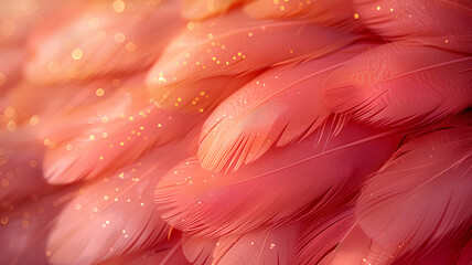 Luxury macro texture of feathers in pink color in golden highlights.