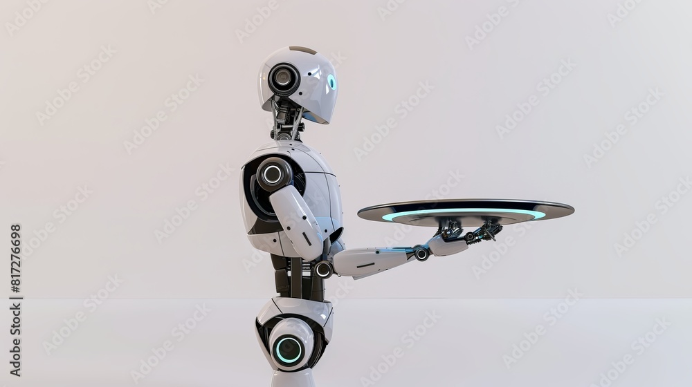 Poster 3d rendering of a robotic assistant or waiter holding a metallic tray.