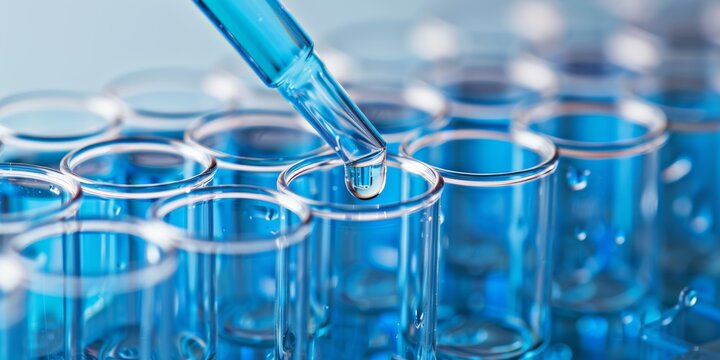 Chemistry laboratory research, experiments, and projects: science, test tubes, and syringe. Scientists and pharmaceutical lab analysts use glass vials and chemical liquid.