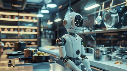 Fototapeta premium 3D rendering of a humanoid robot chef preparing dishes in a restaurant kitchen, representing the future integration of smart robotics and artificial intelligence.