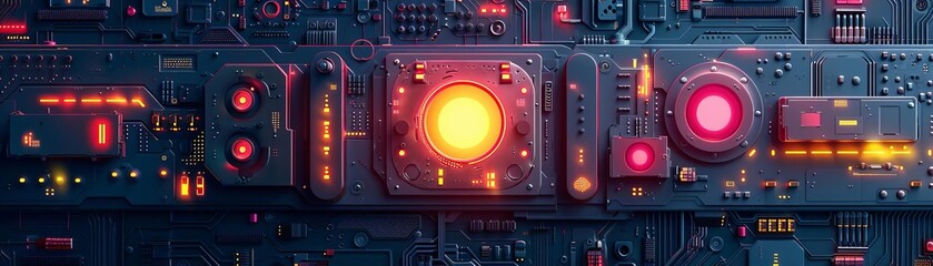 Fototapeta premium Glowing electronic circuit board with red and yellow lights