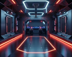 Futuristic spaceship interior with red and blue lights