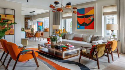 Art Home. Modern colorful living room Interior with furniture and paintings