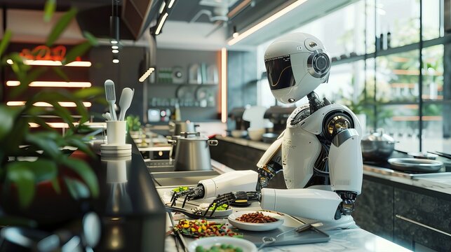 3D rendering of a humanoid robot chef preparing dishes in a restaurant kitchen, representing the future integration of smart robotics and artificial intelligence.