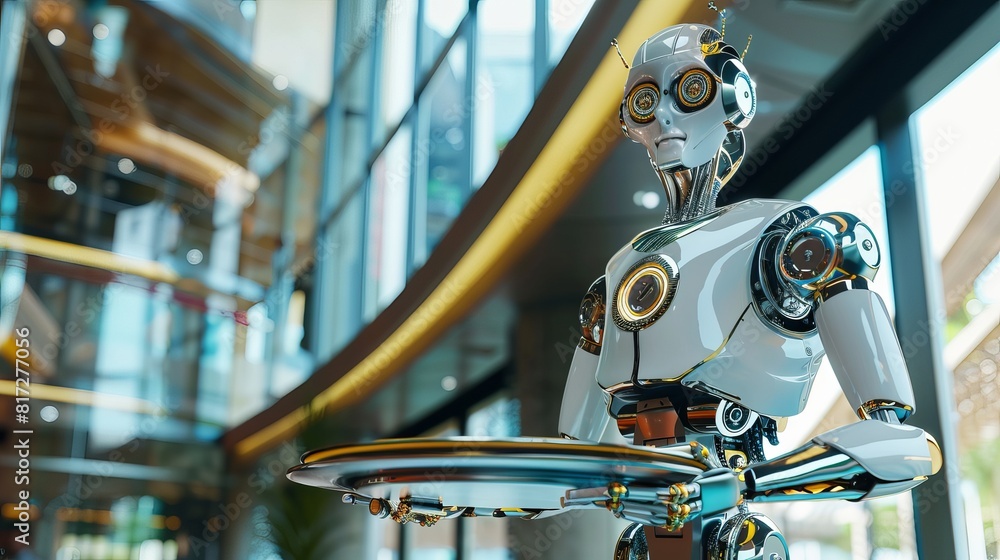 Aufkleber 3d rendering of a robotic assistant or waiter holding a metallic tray.