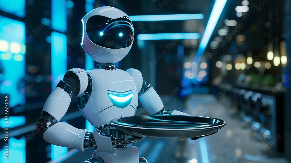 Poster 3d rendering of a robotic assistant or waiter holding a metallic tray.