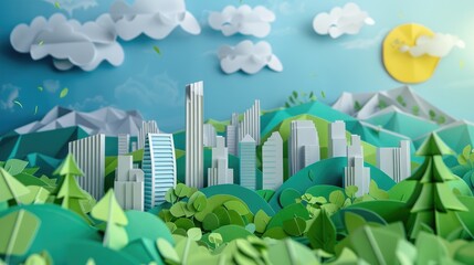 Explore the innovative concept of ecology in a vibrant green city on Earth blending seamlessly with the creative paper art style to embody the essence of world environment and sustainable d