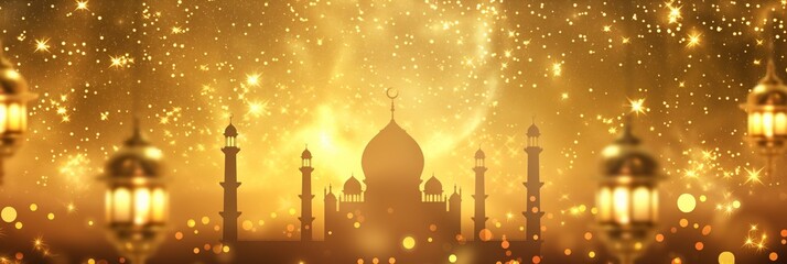 A beautiful silhouette of an Islamic mosque with a sparkling festive background