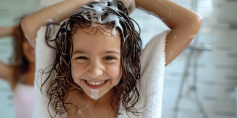 Happy, carefree, smiling girl drying off after bathing, showering, or hair washing with her mother at home. Good parent helps youngster dress, dry, or wash hair