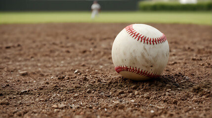 a close-up view of a worn baseball lying on the dirt of the infield, with a blurred background featuring a player in motion, evoking the atmosphere of an active baseball game