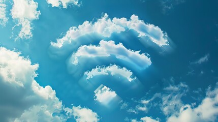 3D rendering of clouds forming the shape of a WiFi symbol against a sky background, representing the concept of better WiFi coverage.