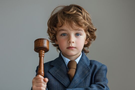 Close-up portrait of a preschool boy wearing a formal lawyer's suit. Cute child holding a wooden gavel. Kindergarten kid dreams of becoming a judge. Light grey background. - Powered by Adobe