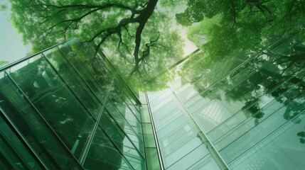 The picture of glass or mirror structure that reflect everything on the opposite like tree, the...