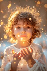 Fototapeta premium Cute little boy folded his hands in prayer. Peaceful kid speaks to God, meditates. Bright blurred background with bokeh effect. Concept of child's faith, religion, learning of the world.