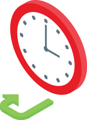 Isometric illustration of a classic red wall clock featuring a green clockwise arrow