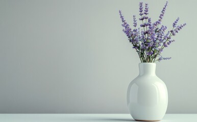 White Vase With Lavender Flowers on Gray Background