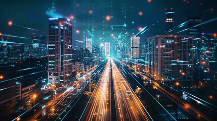 Fototapeta premium Urban electricity poles linked to a smart grid for energy distribution and transmission, emphasizing high-voltage supply.