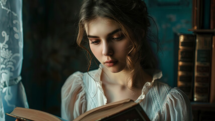 pretty young woman reading a book, woman with book, woman is studying