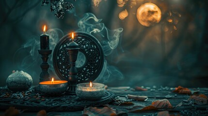 Immerse yourself in a mystical setting deep within the forest where flickering candles and a symbolic moon amulet cast their glow against the dark abstract backdrop of nature Here the ancie