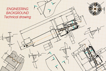 Mechanical engineering drawings on sepia background. Tap tools, borer. Technical Design. Cover. Blueprint. Vector illustration.