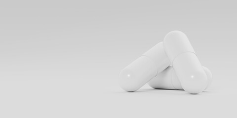 Three white capsules, pills lay on white background. Medicinal treatment, tablet, cure concept. Place for text. 3d render illustration