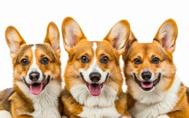 Three corgi dogs are laying down on a white background.