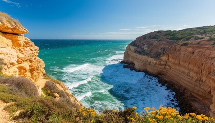 steep cliffs and turbulent sea on a sunny day