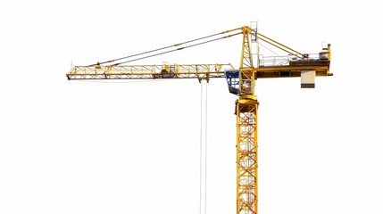 Yellow hoisting crane isolated against a white background.