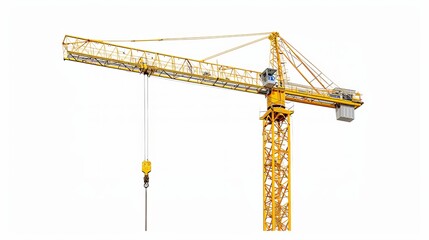 Yellow hoisting crane isolated against a white background.