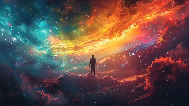 Silhouette of a man floating in colorful outer space